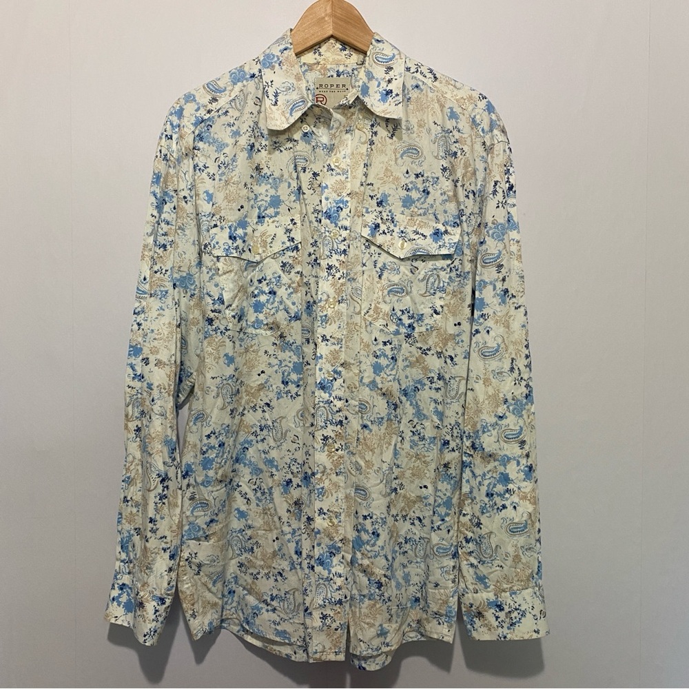 Roper Western Button Shirt L | Blue Paisley Cowboy Rodeo Top Office Cotton‎